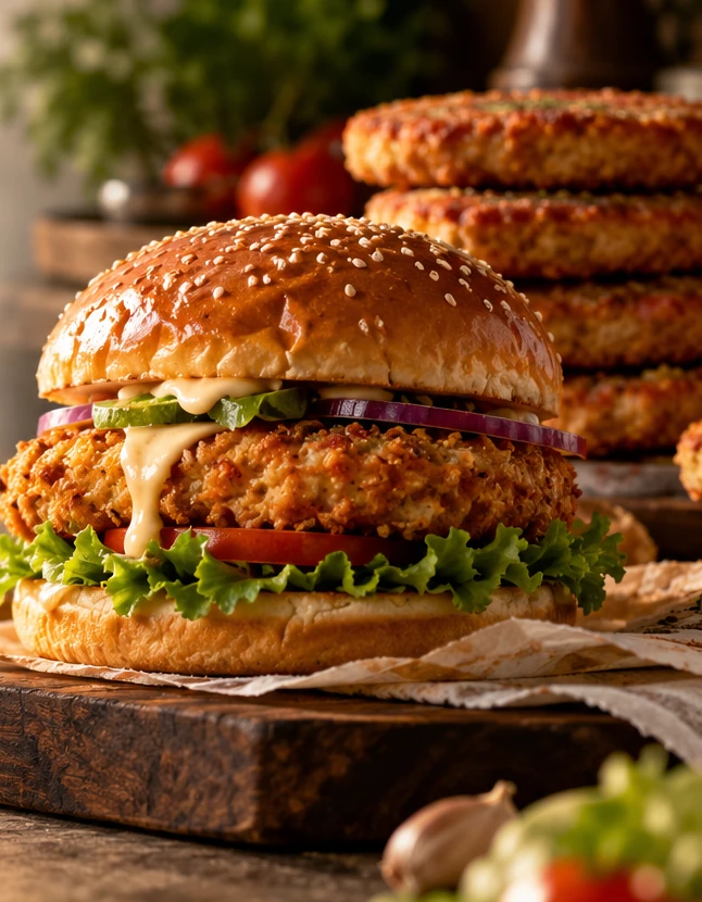 Beautifully prepared crispy chicken burger with fresh vegetables and homemade-style toppings